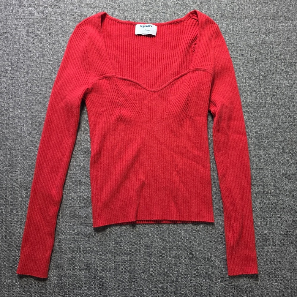 Old Navy Ribbed Square Neck Long Sleeve Cropped Sweater Top Red Size Medium